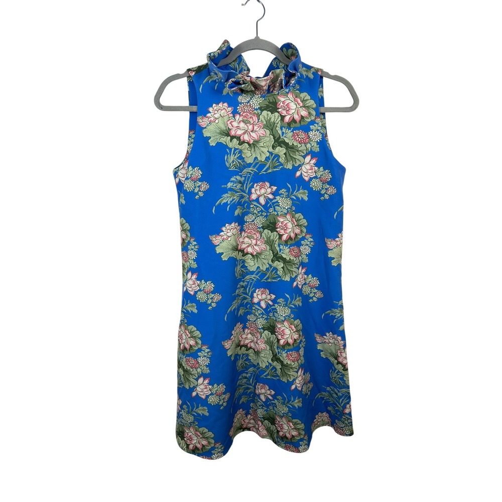 Tuckernuck Floral Shift Dress Women Small Blue Excellent Bow Back Ruffle Neck